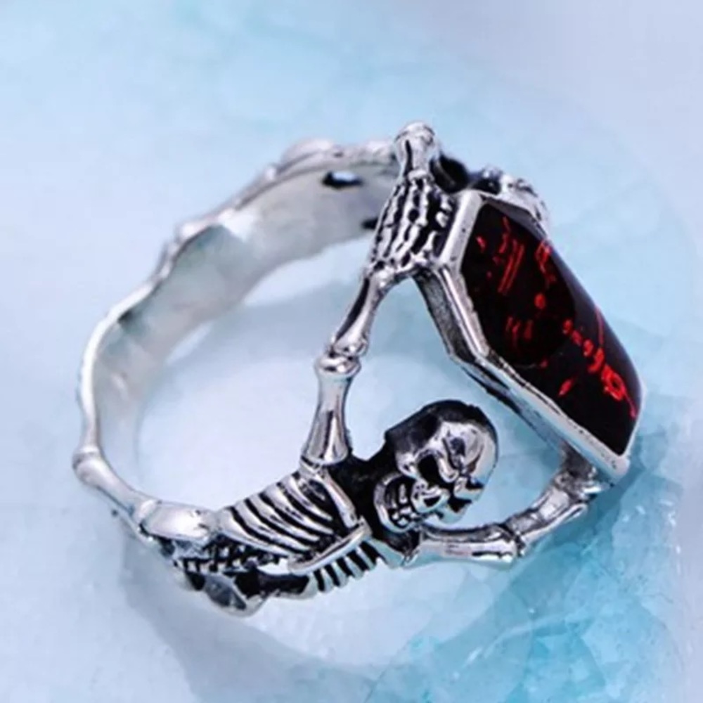 Red Coffin Vintage Silver Men Ring Skeleton Skull - Picture 4 of 5
